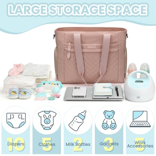 Pritent Baby Diaper Bag Tote,Waterproof Maternity Breast Pump Bags for Mom - color: Pink
