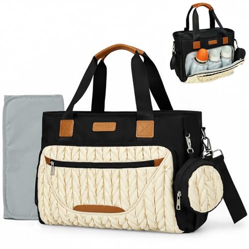 FHELAD Diaper Bag Tote for Women, Baby Diaper Bag Set (Black-White) - color: Black-white