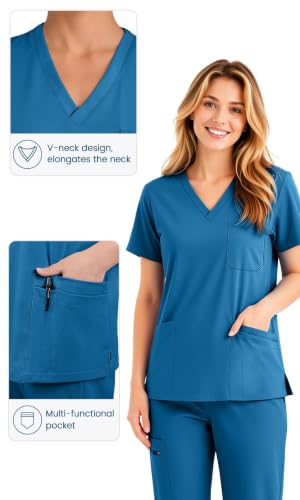 Scrubs for Women Set, V-Neck Top & Jogger Pants - color: Caribbean Blue, size: Large