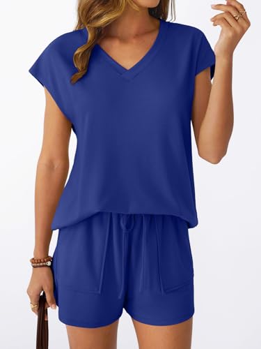 AUTOMET 2 Piece Summer Short Set Matching V Neck Cap Sleeve Lounge Clothing - color: Royal Blue, size: Medium