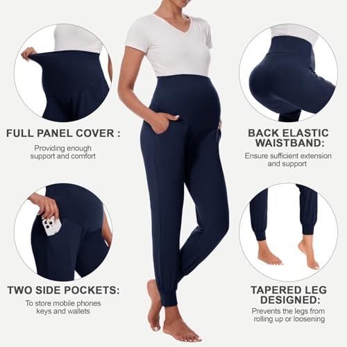 HIGHDAYS Maternity Pants with Pockets, Over Belly Thick Pregnancy Leggings - color: Navy Blue, size: X-Large