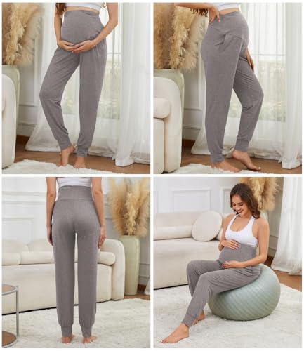 3 Pack Women's Maternity Sweatpants Over The Belly Pregnancy Jogger Pants Stretchy Maternity Pants with Pockets - color: Black/Light Coffee/Apricot, size: Medium