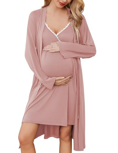 Ekouaer Nursing Nightgown and Maternity Robe Set Labor and Delivery Gown - color: Pink, size: Small