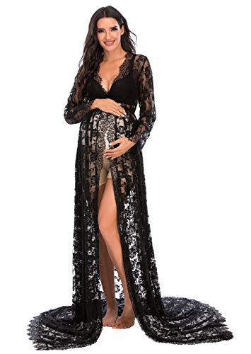 ZIUMUDY Maternity Deep V-Neck Split Front See-Through Maxi Lace Dress for Photography with Long Sleeve - color: Black, size: Large