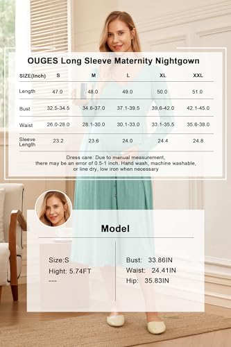 OUGES Cotton Blend Maternity Pajamas Nightgown Button Down Nursing Gown Labor Delivery Breastfeeding Dress with Pockets - color: Green, size: Large