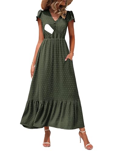 CzzzyL Women Nursing Dresses Cap Short Sleeve V Neck Swiss Dot with Pockets - color: S-green, size: Medium