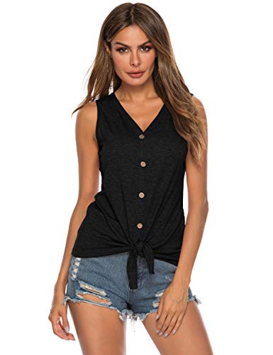 Women's Tie Knot Button Down Shirts Sleeveless Casual Blouse Curved Hemline Tops S-XXL - color: 01-black, size: Large