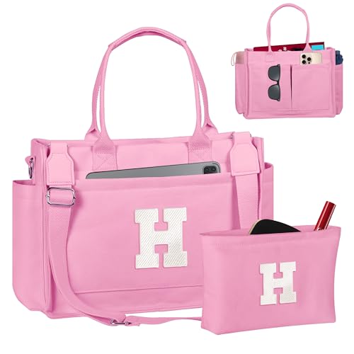 Birthday Gifts for Women, Initial Tote Bag with Makeup Bag - color: Pink, style: H