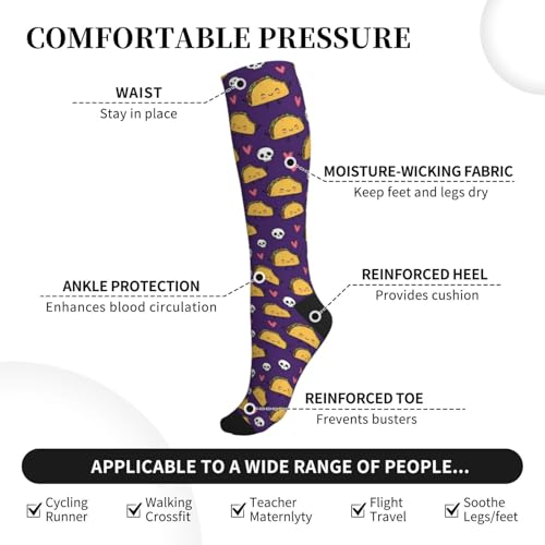 Compression Socks Knee High Support Stockings Women Men - color: Cute Taco Skull Purple