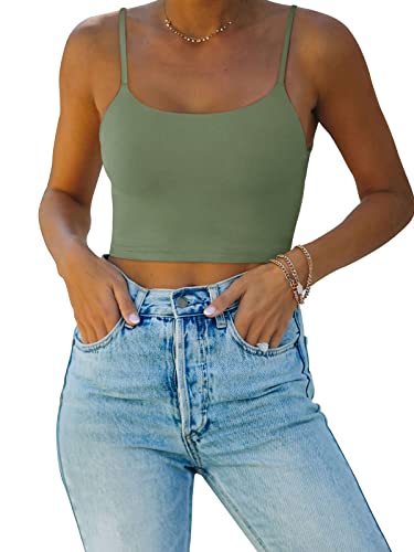 REORIA Women's Sexy Adjustable Spaghetti Strap Double Lined Seamless Camisole Tank Yoga Crop Tops - color: Olive Green, size: Medium