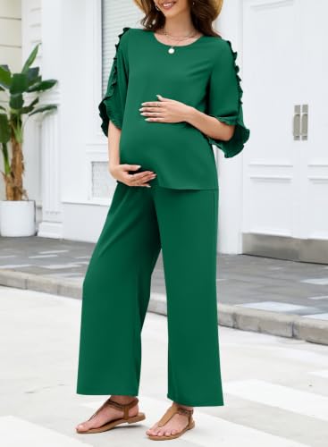 BLENCOT Women's Maternity 3/4 Ruffle Sleeve Two Piece Lounge Set Business Casual Pregnancy Office Outfits with Pockets - color: Dark Green, size: Medium