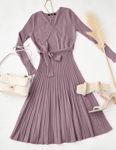 ZESICA Women's Long Sleeve Wrap Sweater Midi Dress with Belt - color: Darkviolet, size: X-Large