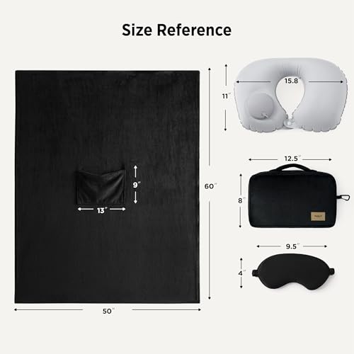 Bedsure Travel Blanket Set with Inflatable Neck Pillow and Eye Mask, Black - color: Black