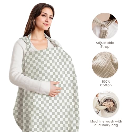 Konssy Muslin Nursing Cover Up for Breastfeeding with Rigid Hoop - color: Green Plaid