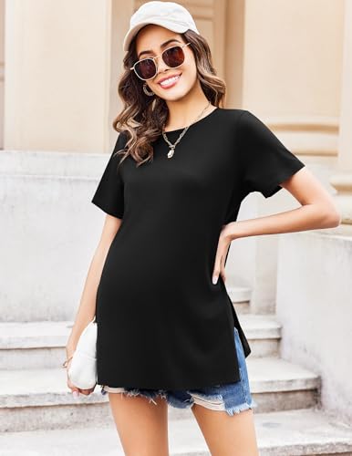 Ekouaer 3 Pack Maternity Shirts Short Sleeve Pregnancy Tops Summer Clothes - color: Black/Blue/Grey Striped, size: X-Large