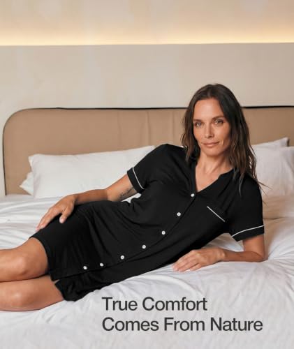 GYS Bamboo Viscose Nightgowns for Women Soft Button Down Sleep Shirt - color: Black, size: Large