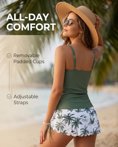 Daci Womens Tankini Swimsuit with Skirt 2 Piece Tummy Control Bathing Suit - color: Green Palm Tree, size: XX-Large