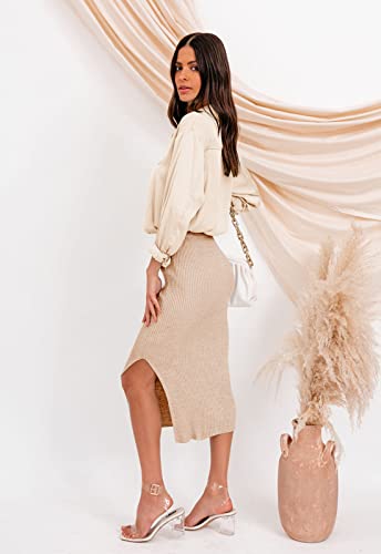 HERBATOMIA Midi Pencil Basic Skirt Casual Solid Split Side Stretchy Ribbed Knit Bodycon Mid Length Skirts for Women - color: Apricot, size: X-Large