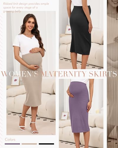 3 Pack Women's Ribbed Maternity Skirts - color: Purple, Khaki, Black, size: X-Large