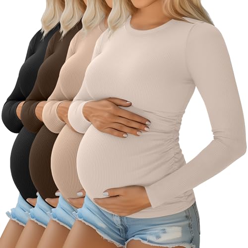 Ficerd 4 Pack Women's Maternity Shirts Long Sleeve Pregnancy Top - color: Black, Coffee, Khaki, Apricot, size: Small