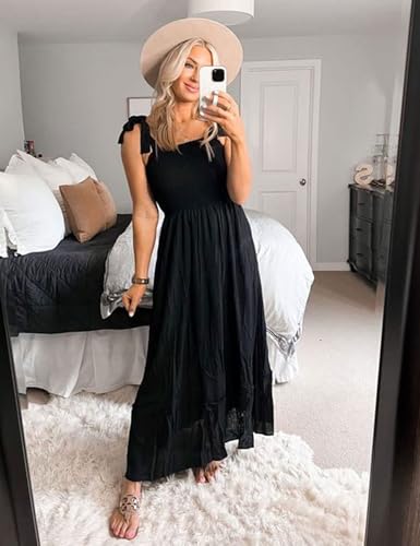 Tobrief Women's Boho Dress Summer Spaghetti Strap Square Neck Flowy Ruffle Beach Long Maxi Dress - color: 02 Black, size: X-Large