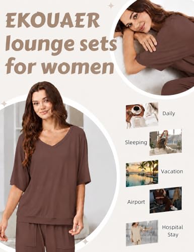Ekouaer Lounge Sets for Women Comfy Pajamas Set 2 Piece Outfits - color: Brown, size: Small