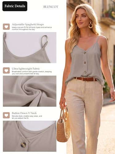 BLENCOT Womens Summer Spaghetti Strap Tank Tops Button Casual Camisoles - color: Champagne, size: Medium