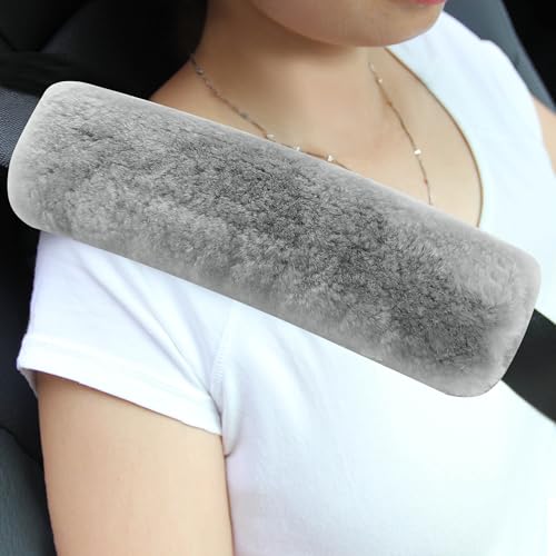 Amooca 2-Pack Real Wool Seatbelt Cover Authentic Sheepskin Shoulder Pad - color: Light Grey Sheepskin, size: 10.5in 2pack
