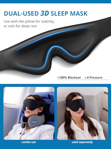 SARISUN Travel Pillow for Airplane,Seat Strap for Neck Support,3D Eye Mask - color: Grey&pink