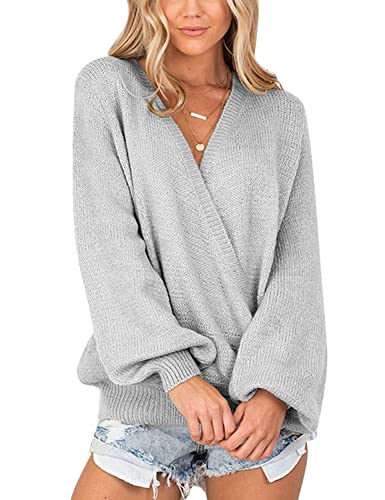 LookbookStore Women's Knit Long Sleeve Faux Wrap Surplice V Neck Sweater Top - color: Light Grey, size: Medium
