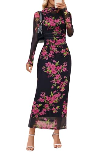 MEROKEETY Womens Fall Long Sleeve Floral Wedding Guest Maxi Dress - color: Black, size: Small