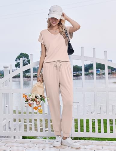 Ekouaer Womens Pajama Sets 2 Piece Lounge Set Short Sleeve Jogger Pants Pjs - color: Champagne, size: X-Large