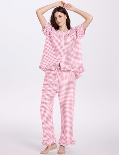 COZYPOIN 100% Cotton Pajamas for Women Set Cute Gingham Lounge Set - color: Pink, size: Large