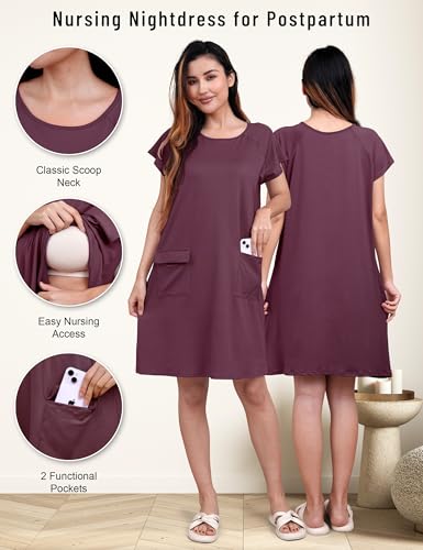 SUNNYBUY 2 PCS Maternity Labor & Delivery Gown with Matching Nursing Dress - color: Burgundy, size: Medium
