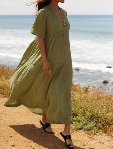R.Vivimos Womens Summer Cotton Casual Flowy Maxi Dress - color: Army Green, size: Medium