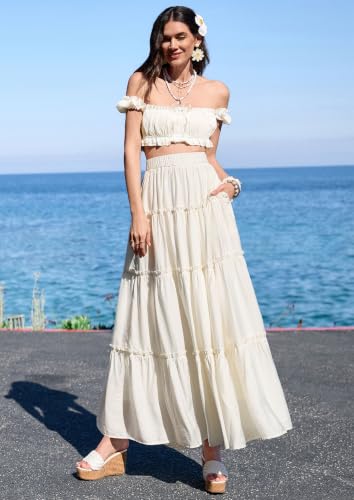 PRETTYGARDEN Women's Boho Tiered Ruffle Flowy Maxi Skirt - color: Beige, size: XX-Large