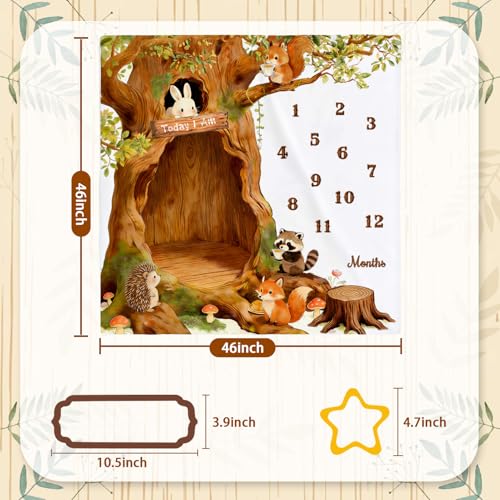 Baby Monthly Milestone Blanket Fairy Tale Tree Cave, Forest Animals Themed Newborn Photography Props Neutral Shower Present Boys and Girls Recording Blanket 46"x46"with 2 Frame - color: Tree Cave