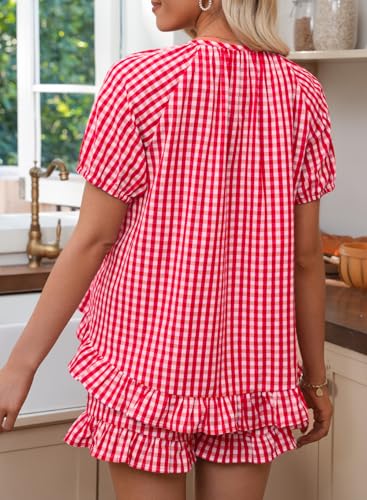 BLENCOT Maternity Clothes 2 PCS Gingham Cotton Pregnancy Pajamas Short Sets - color: Red, size: Small