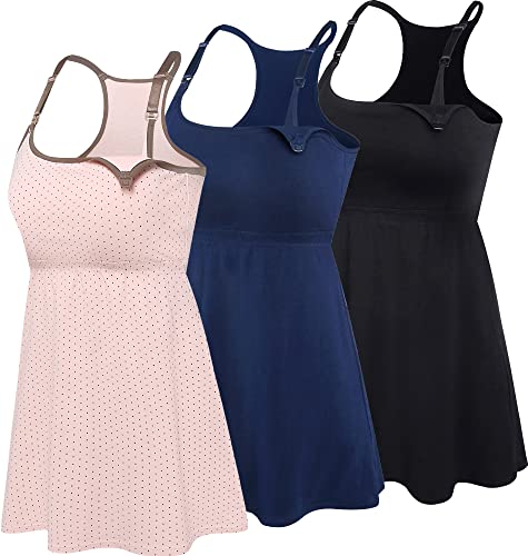 SUIEK Cotton Maternity Nursing Tank Tops with Shelf Bra Breastfeeding Camis - color: Black+pink Dot+navy 3pack, size: Small