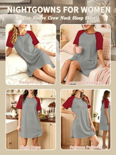 Nightgowns for Women Raglan Sleeve Night Shirt Soft Sleepshirts - color: Red and Grey, size: X-Large