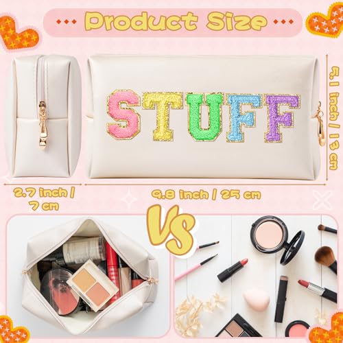 CY2SIDE STUFF Letter Makeup Bag - Colorful Stuff Chenille Letter Patch Cosmetic Bag Shell Gold PU Leather Patch Pouch Waterproof Portable Zipper Travel Organizer Christmas Idea Gifts for Women Girls - color: Shell Gold, style: Stuff-multicolors
