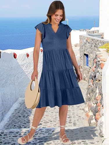 ANRABESS Womens Summer Dress Ruffle Sleeve V Neck Midi Dresses - color: Blue, size: Medium