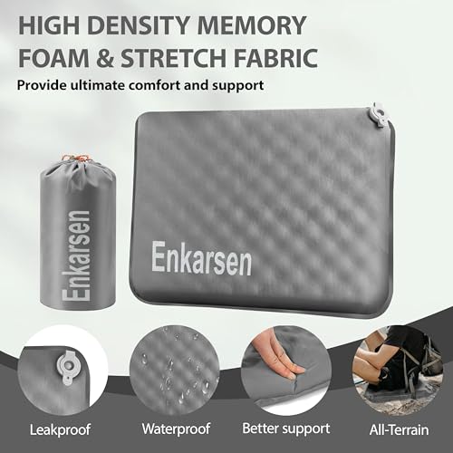 Inflatable Travel Seat Cushion – Self-Inflating Memory Foam Pad for Airplane, Stadium Bleachers, Camping, Hiking & Backpacking – Ultralight Compact & Portable Sitting Cushion (Grey) - color: Grey