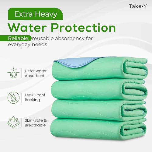 Take-Y Heavy Absorbency Washable Underpads 34"x36" (4 Pack) – Waterproof Quick Drying Reusable Incontinence Pads for Adults, Kids, Elderly, Pets, Dogs, Bedwetting, Nursing, Sofa, Bed