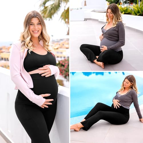 Leafigure Maternity Flare Leggings with Pockets - color: Light Blue, size: XX-Large