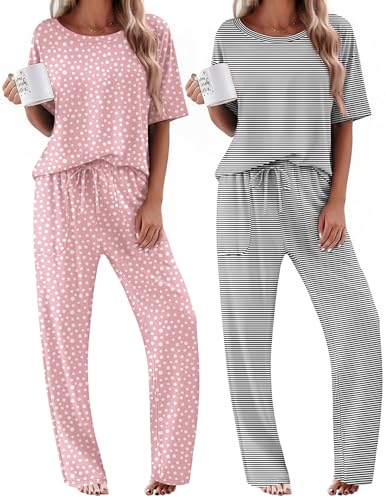 Ekouaer 2 Pack Womens Pajamas Sets Short Sleeve Long Pants Pjs Lounge Set - color: Pink Dots/Black Striped, size: Large