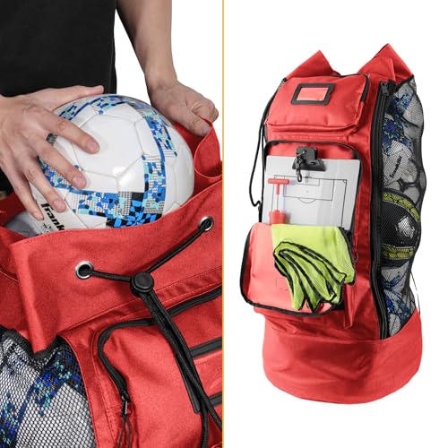 Fitdom XL Mesh Ball Bag with Backpack Straps & 2 Zippered Front Pockets - color: Crimson Red