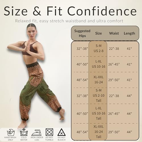 Boho Pants 2-Pocket Flowy Harem Pants Women for Yoga Travel Hippie Clothes - color: Honeycomb Olive, size: Medium
