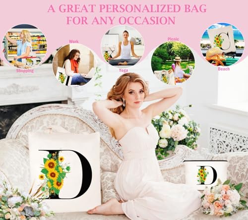 Andeiltech Initial Canvas Tote Bag Sunflower Letter Personalized Makeup Bag Monogrammed Gift for Bridesmaids Birthday Wedding - color: Sunflower Letter_d