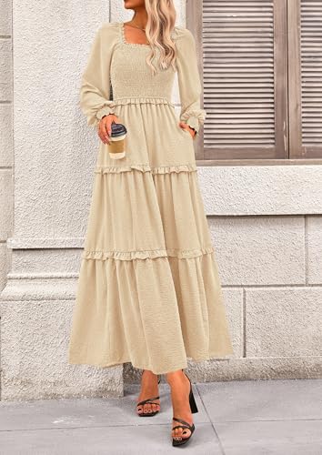 PRETTYGARDEN Women's Smocked Long Sleeve Maxi Dress Wedding Guest Dresses - color: Beige, size: Medium